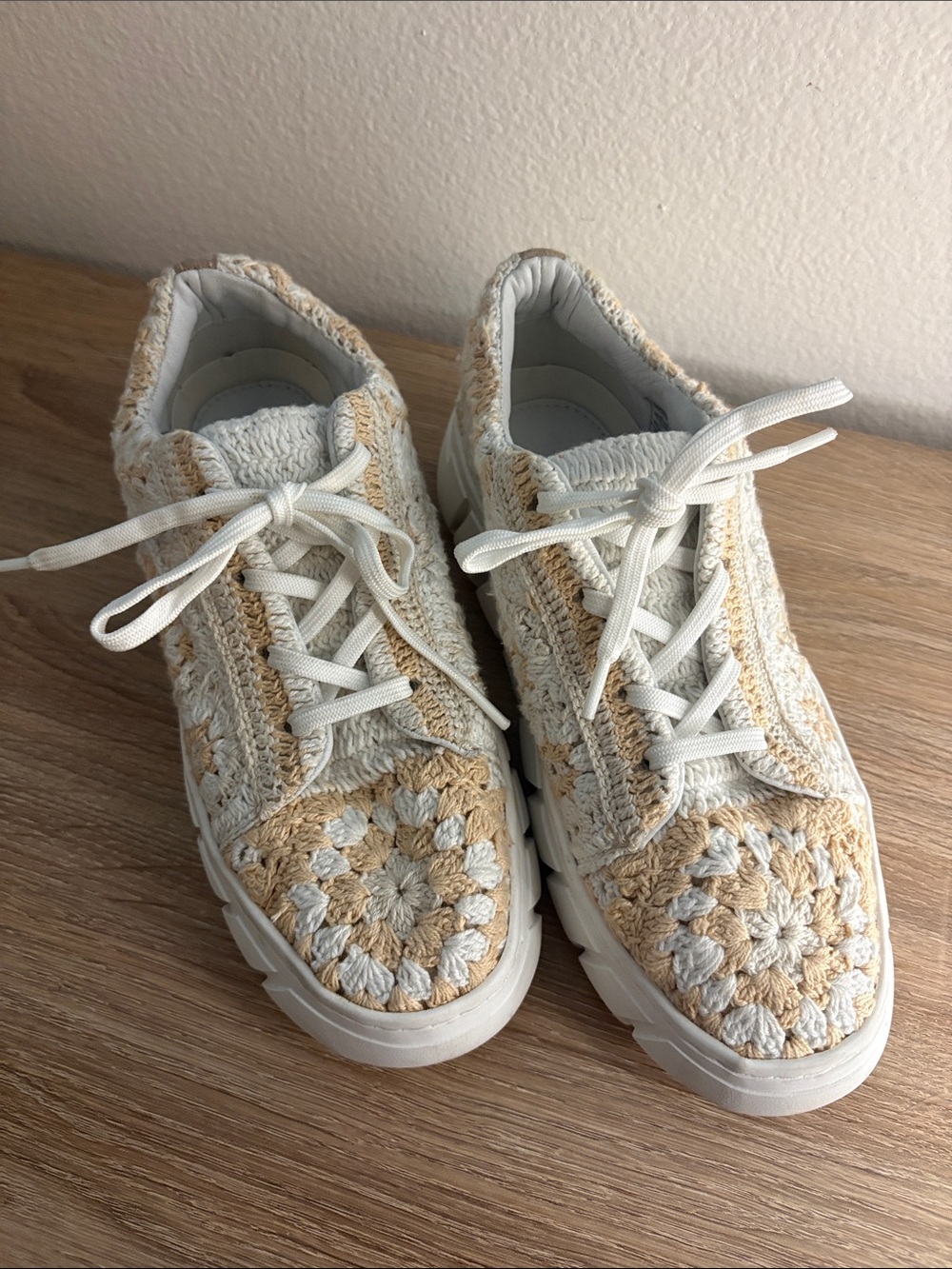 Free People Crochet Lace-Up Sneakers in Cream and Tan